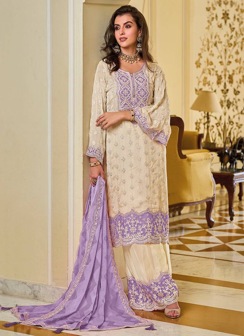 Premium Suit Set in Faux Georgette with Intricate Chine Sequin Work and Matching Palazzo - Jaipuri Vastra