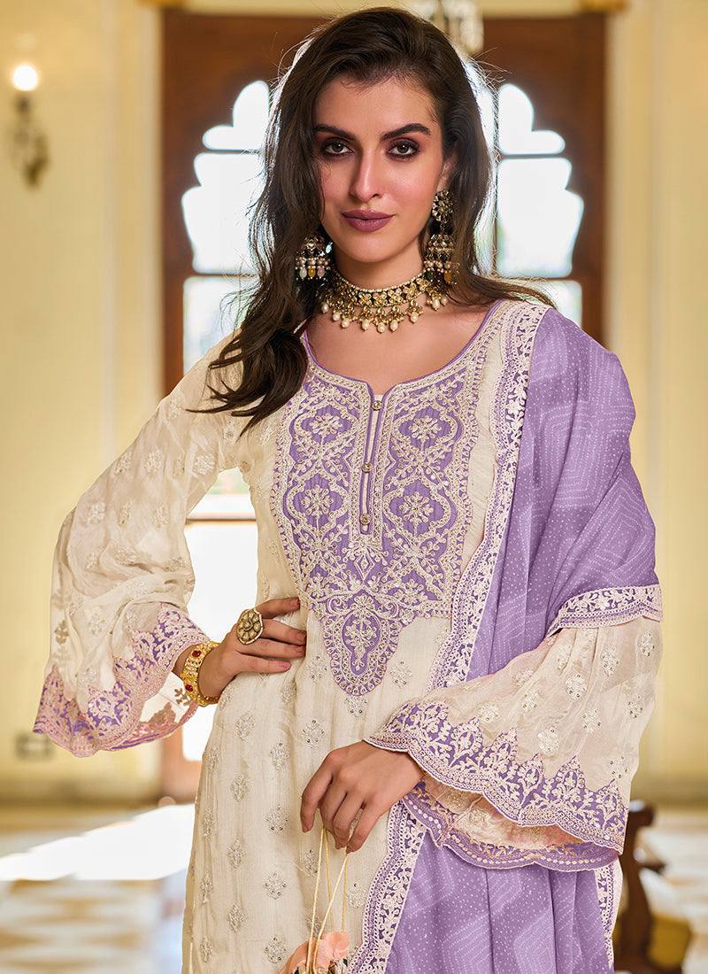 Premium Suit Set in Faux Georgette with Intricate Chine Sequin Work and Matching Palazzo - Jaipuri Vastra