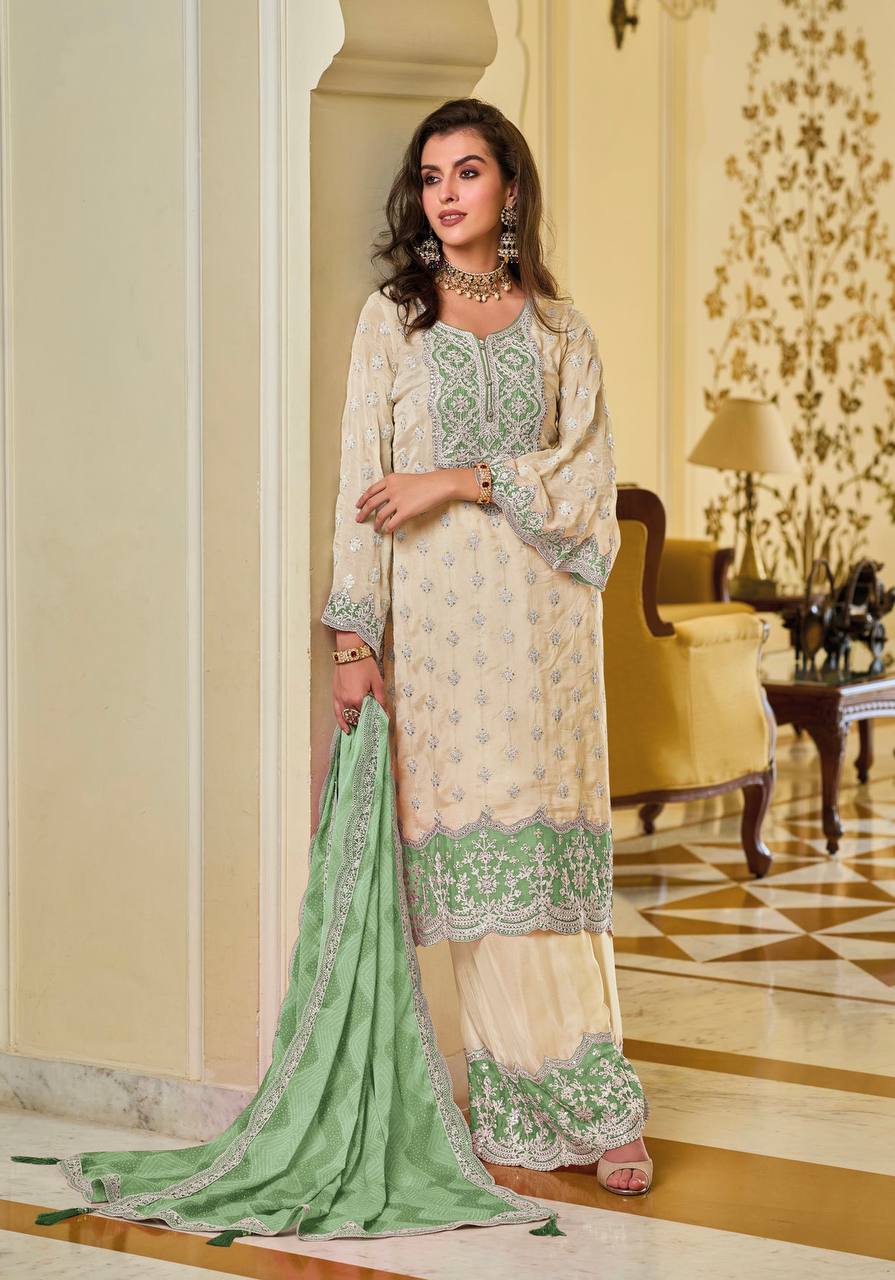 Premium Suit Set in Faux Georgette with Intricate Chine Sequin Work and Matching Palazzo - Jaipuri Vastra