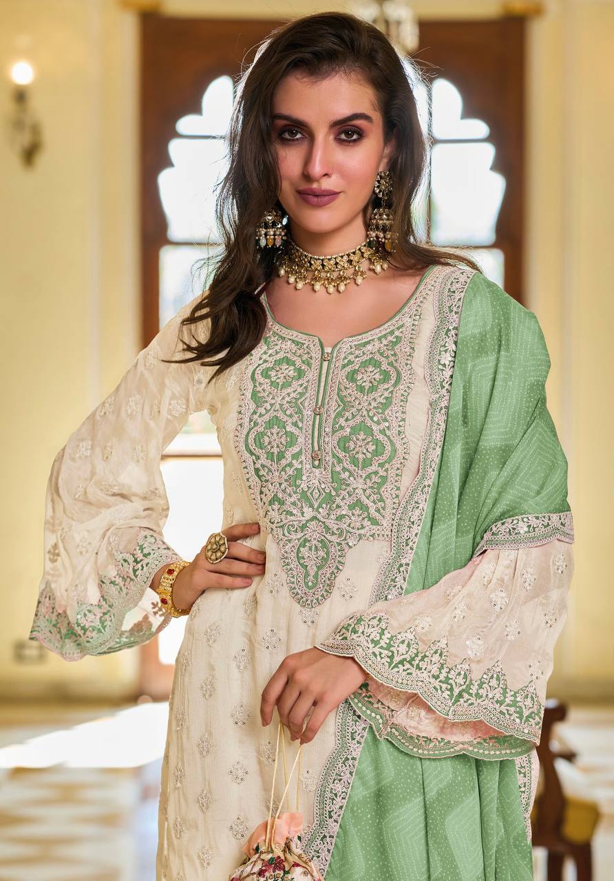 Premium Suit Set in Faux Georgette with Intricate Chine Sequin Work and Matching Palazzo - Jaipuri Vastra