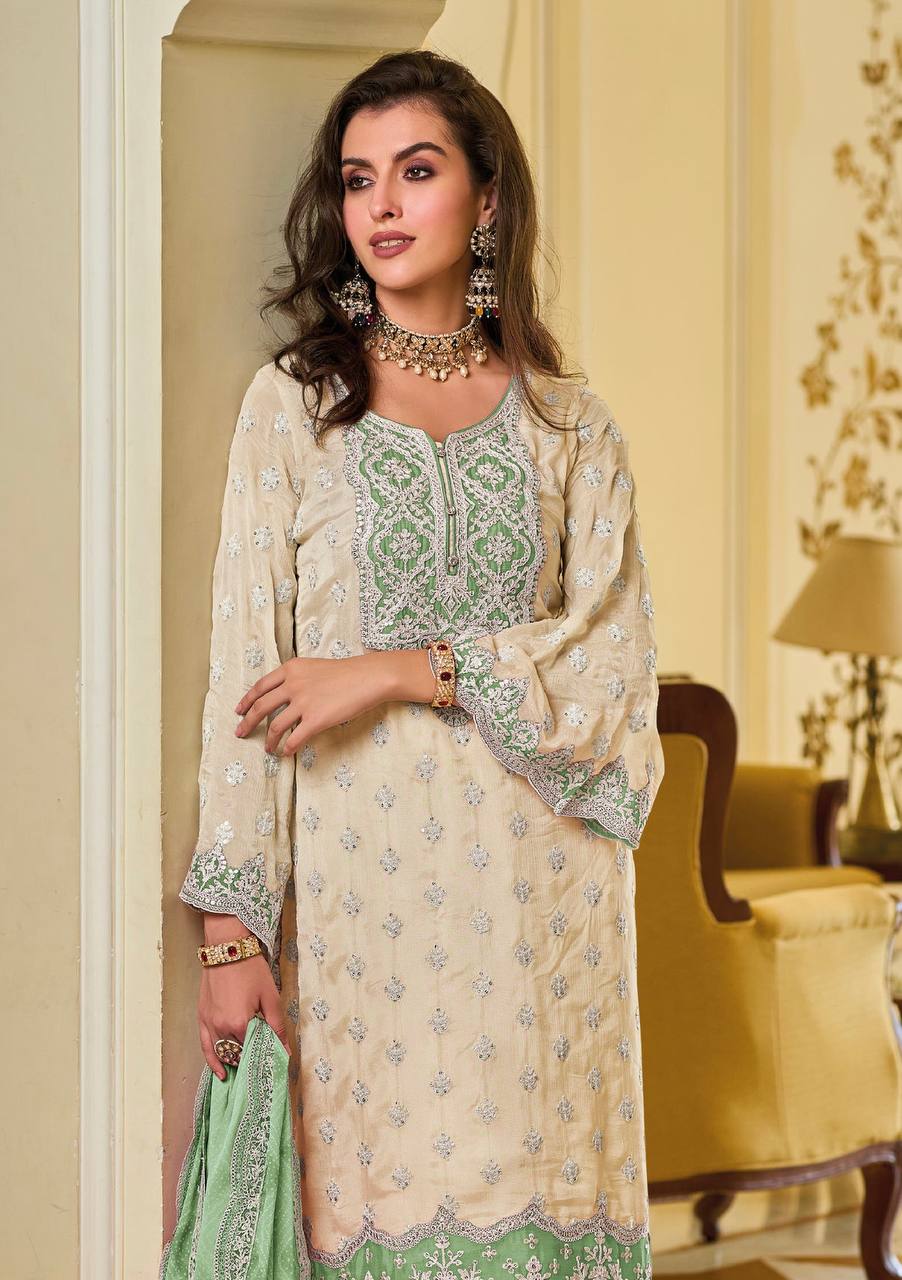Premium Suit Set in Faux Georgette with Intricate Chine Sequin Work and Matching Palazzo - Jaipuri Vastra