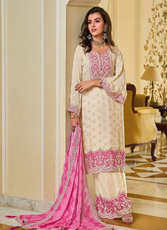 Premium Suit Set in Faux Georgette with Intricate Chine Sequin Work and Matching Palazzo - Jaipuri Vastra