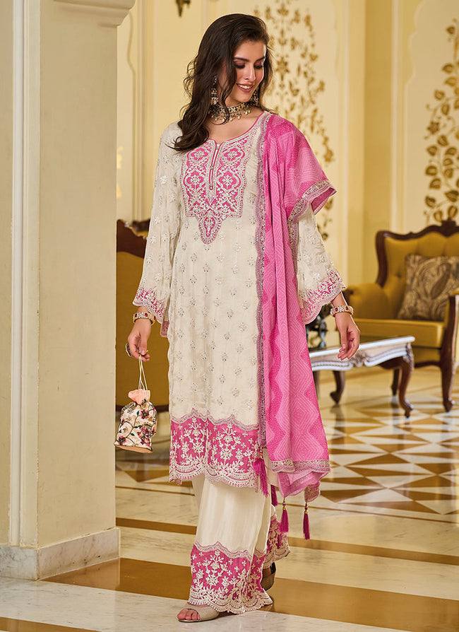 Premium Suit Set in Faux Georgette with Intricate Chine Sequin Work and Matching Palazzo - Jaipuri Vastra