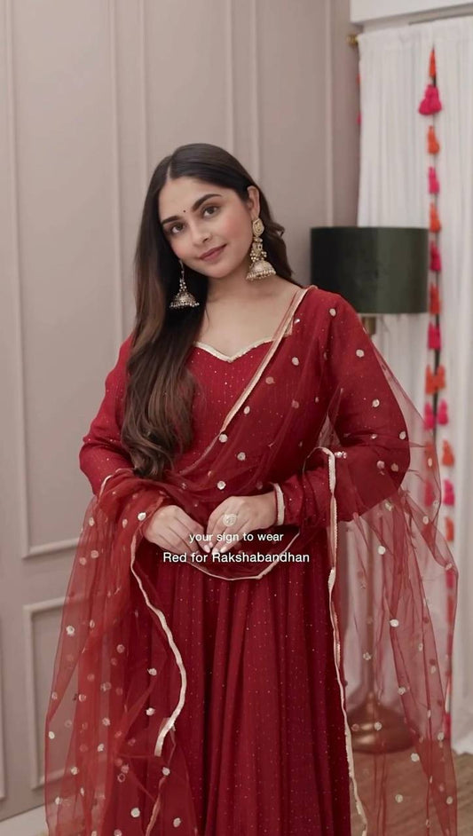 Trendy Maroon Gown Top and Pant Set in Dola Silk and Microfabric with Dupatta - Jaipuri Vastra