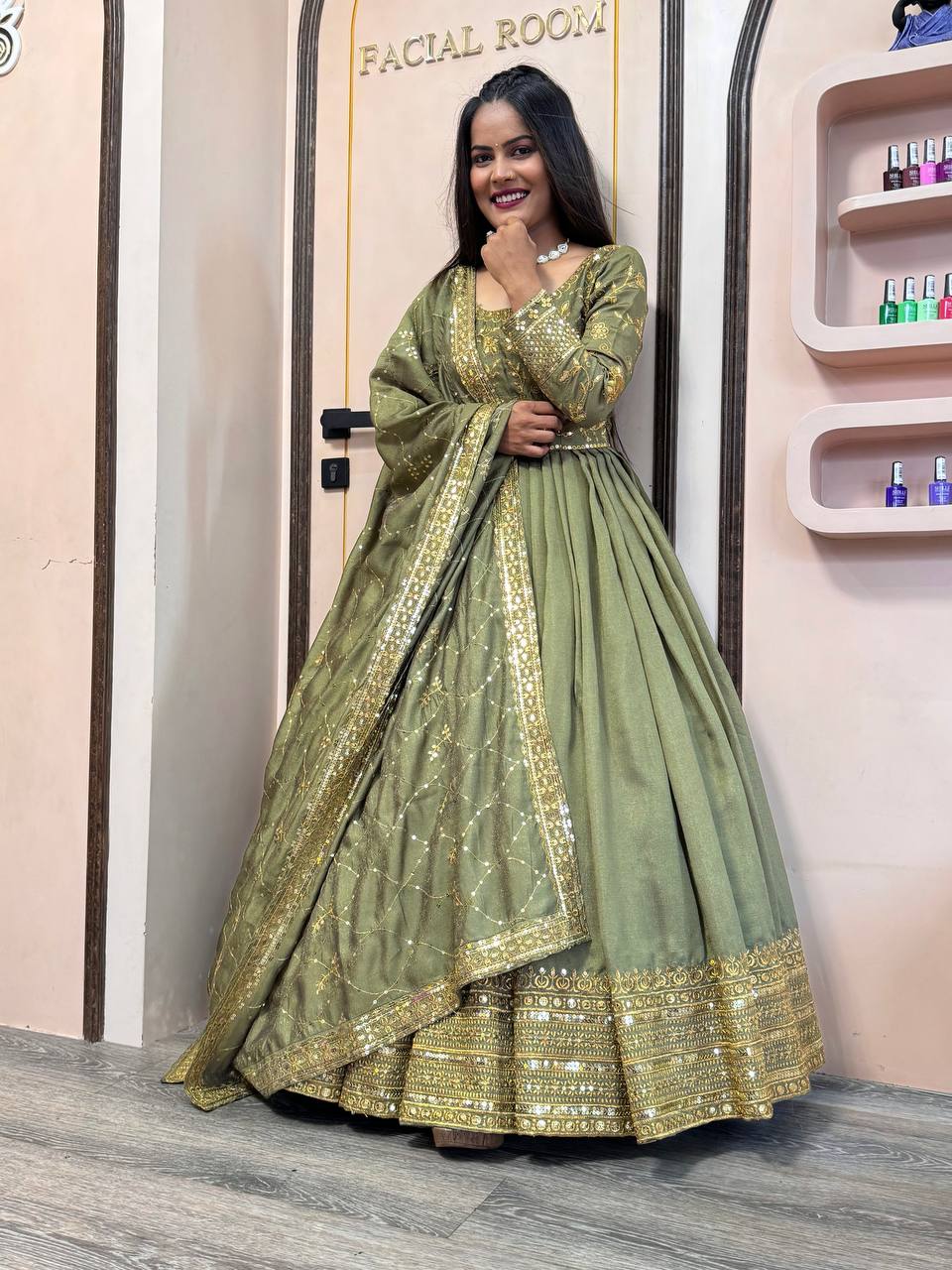 Graceful Floor-Length Ensemble with Sequin-Stitched Shimmer Silk Gown and Coordinated Dupatta - Jaipuri Vastra