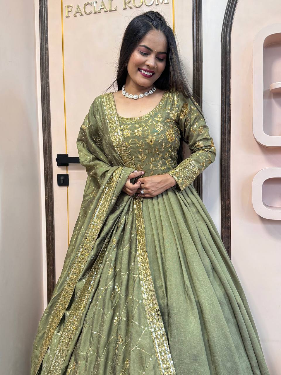 Graceful Floor-Length Ensemble with Sequin-Stitched Shimmer Silk Gown and Coordinated Dupatta - Jaipuri Vastra
