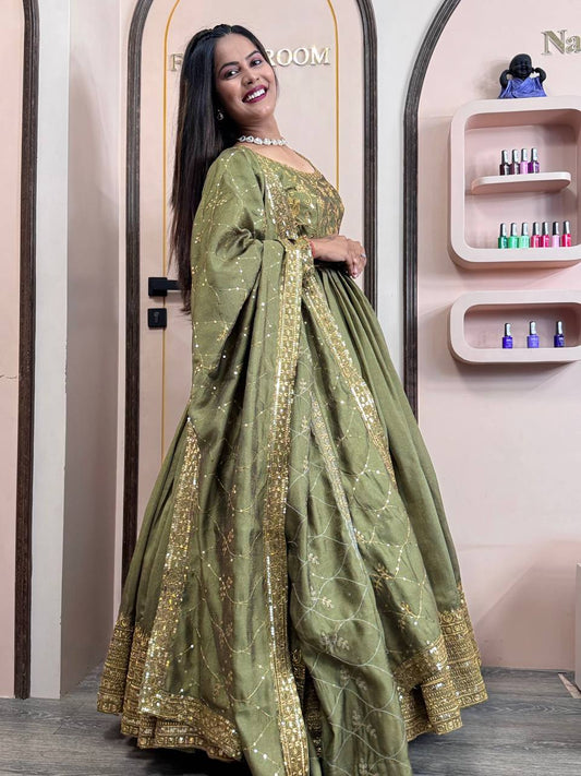 Graceful Floor-Length Ensemble with Sequin-Stitched Shimmer Silk Gown and Coordinated Dupatta - Jaipuri Vastra