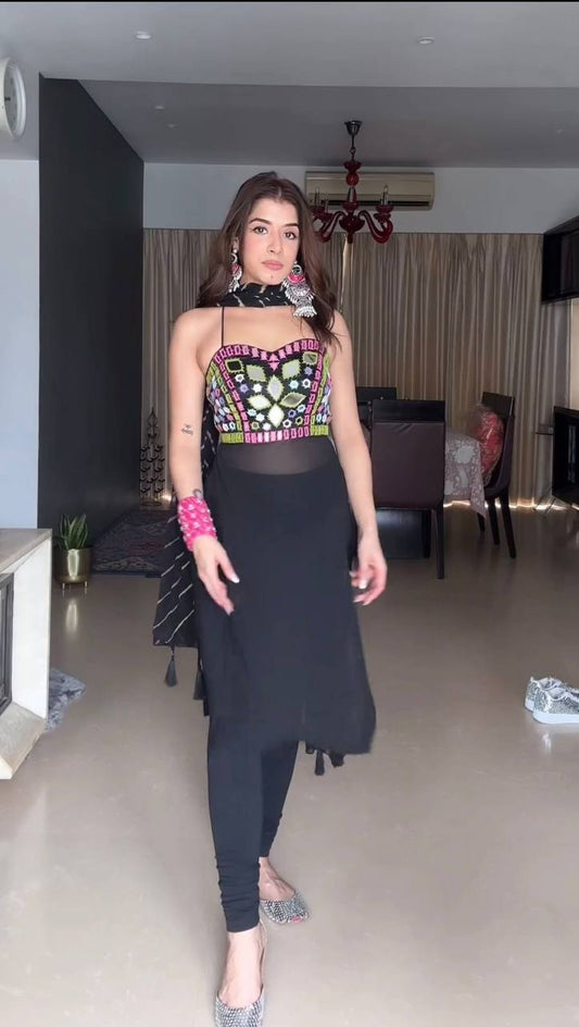 Sophisticated Black Georgette Top with Pant and Coordinated Dupatta - Jaipuri Vastra