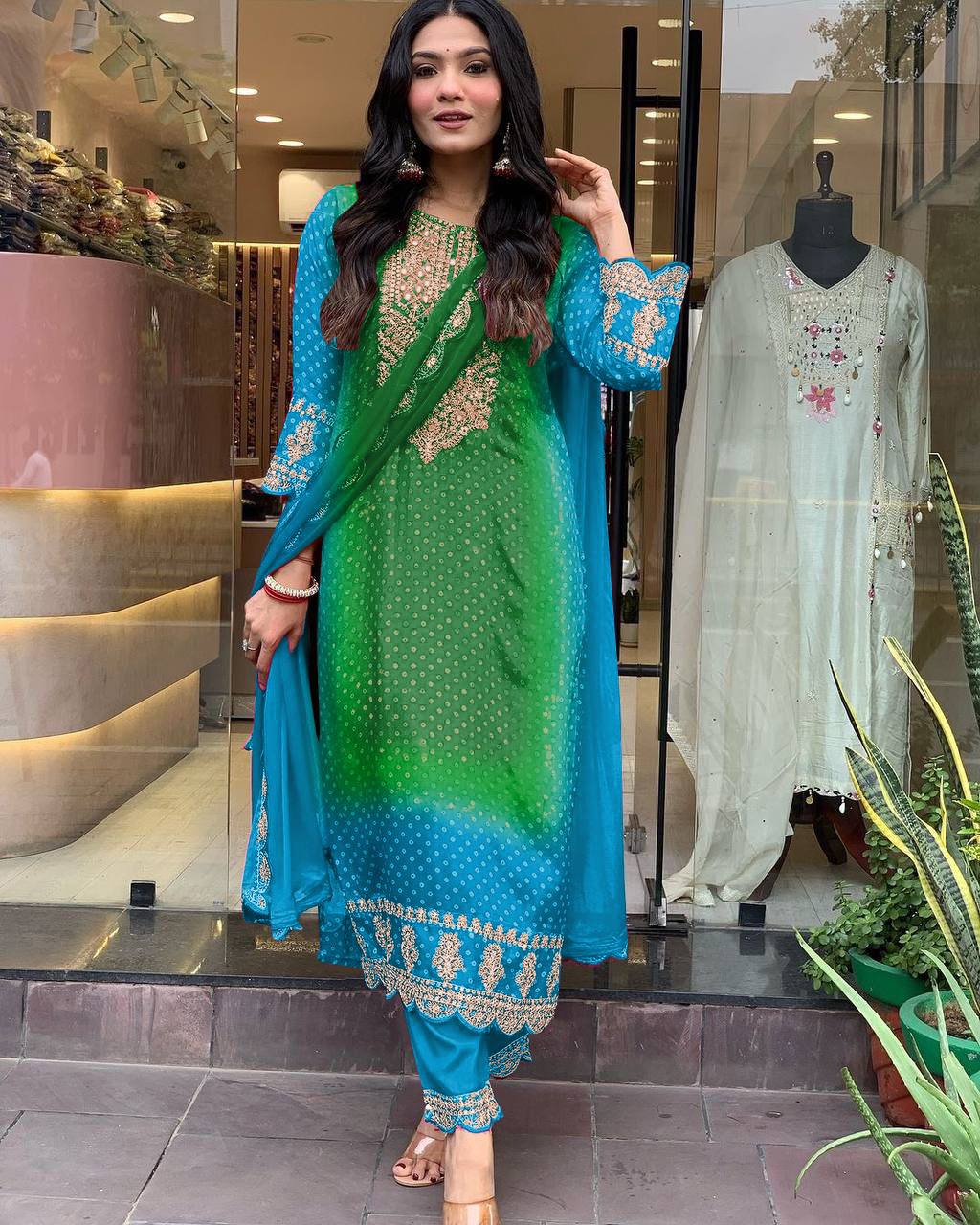 Elegant Pure Chinnon Top-Bottom Dupatta Set with Dori-Sequence Embroidery - Jaipuri Vastra