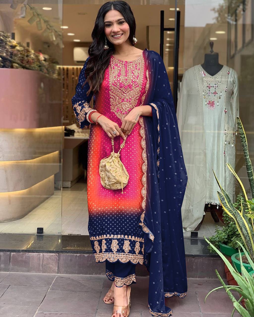 Elegant Pure Chinnon Top-Bottom Dupatta Set with Dori-Sequence Embroidery - Jaipuri Vastra