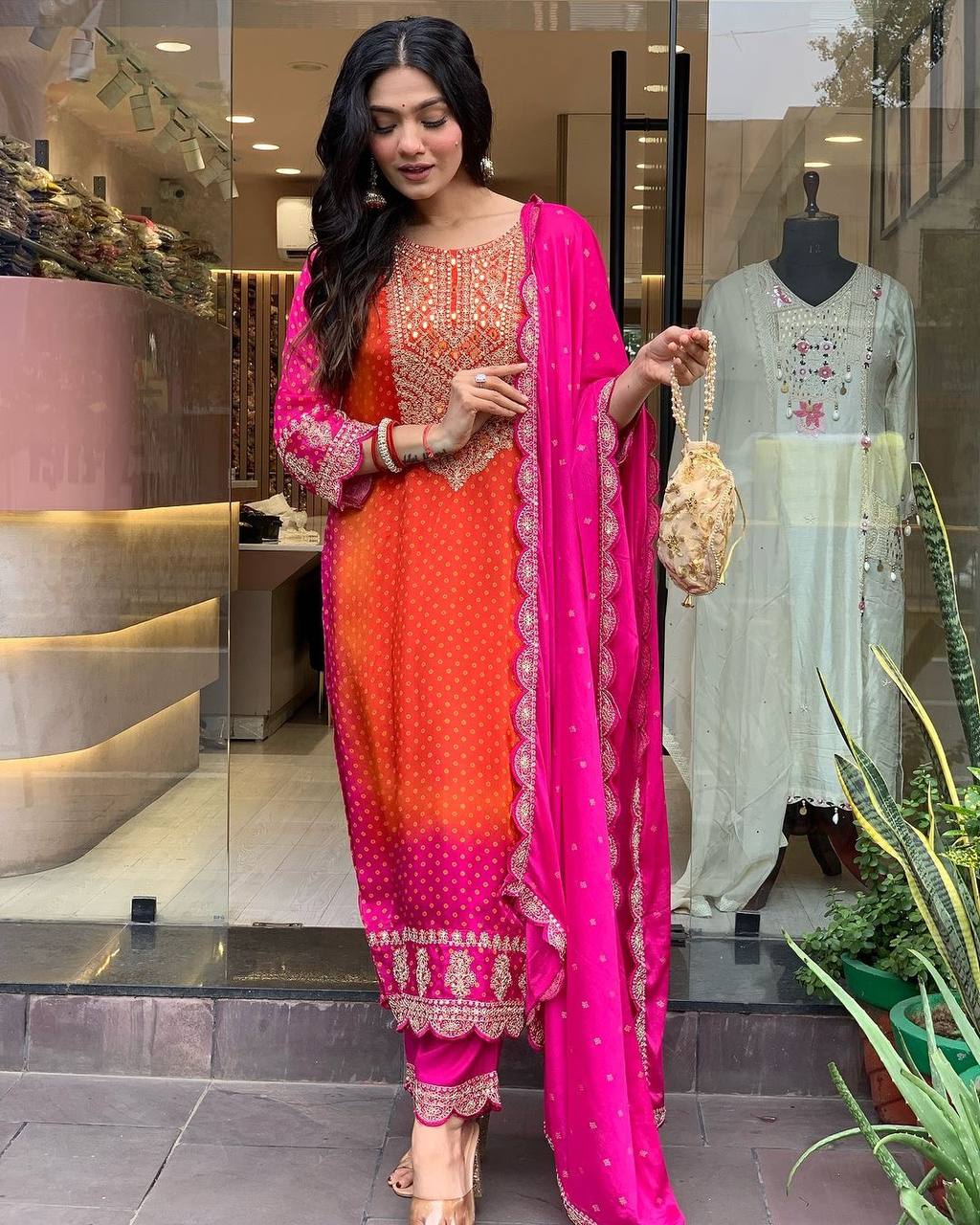 Elegant Pure Chinnon Top-Bottom Dupatta Set with Dori-Sequence Embroidery - Jaipuri Vastra
