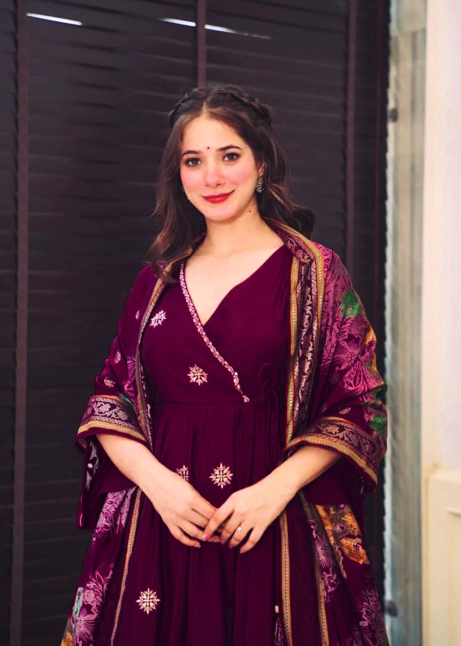 Elegant Pure Chinnon Silk Gown and Dupatta Set with Heavy Sequence Embroidery Full Sleeve Detail Fully Stitched - Jaipuri Vastra