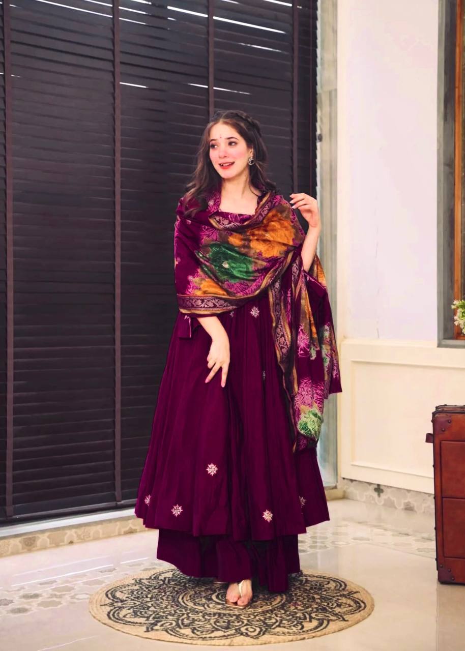 Elegant Pure Chinnon Silk Gown and Dupatta Set with Heavy Sequence Embroidery Full Sleeve Detail Fully Stitched - Jaipuri Vastra