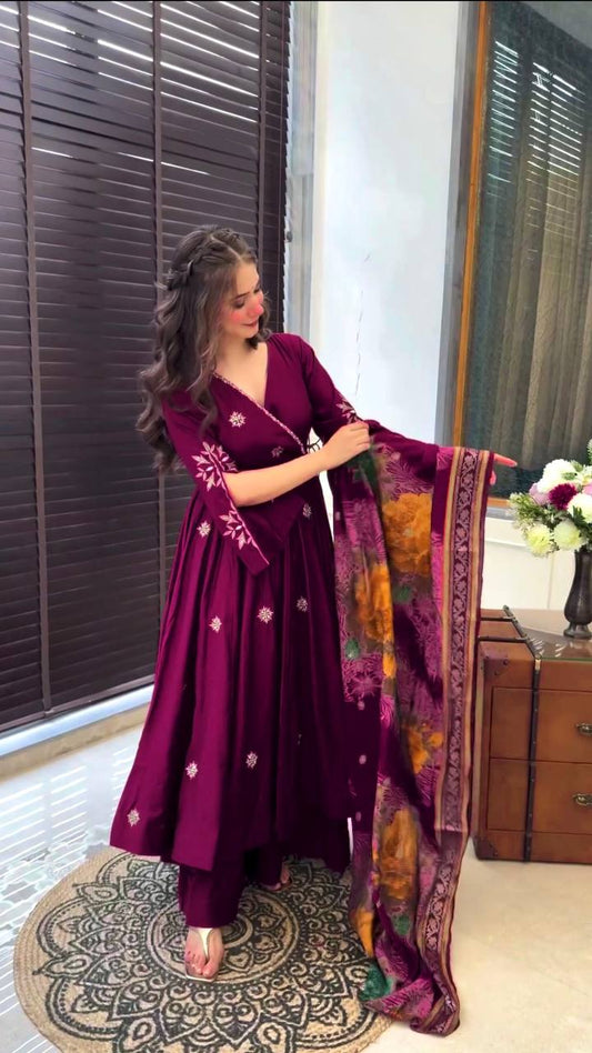 Elegant Pure Chinnon Silk Gown and Dupatta Set with Heavy Sequence Embroidery Full Sleeve Detail Fully Stitched - Jaipuri Vastra