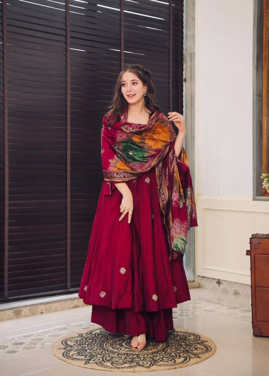 Elegant Pure Chinnon Silk Gown and Dupatta Set with Heavy Sequence Embroidery Full Sleeve Detail Fully Stitched - Jaipuri Vastra