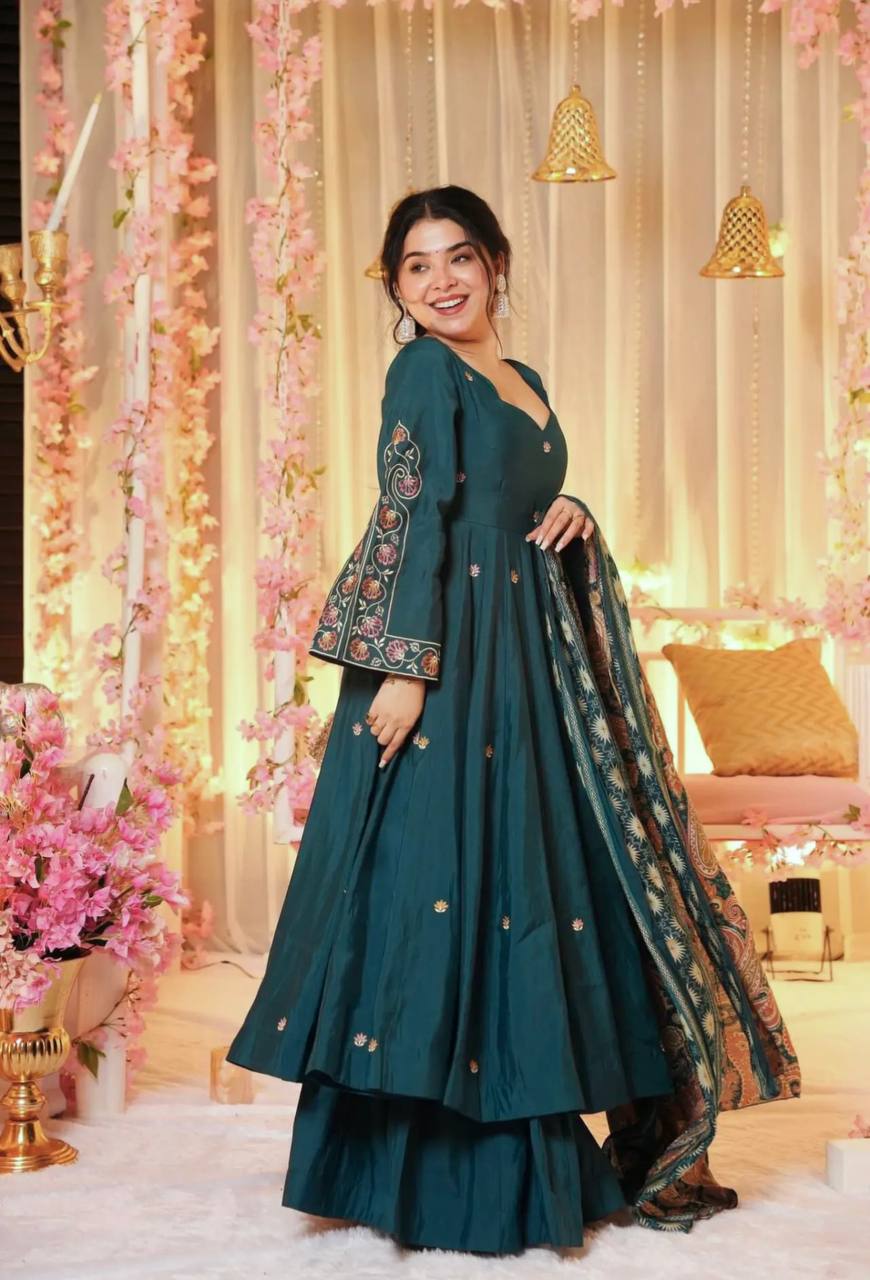 Ready-to-Wear Pure Chinnon Silk Gown with Embroidery Sequence Work and Coordinated Dupatta - Jaipuri Vastra
