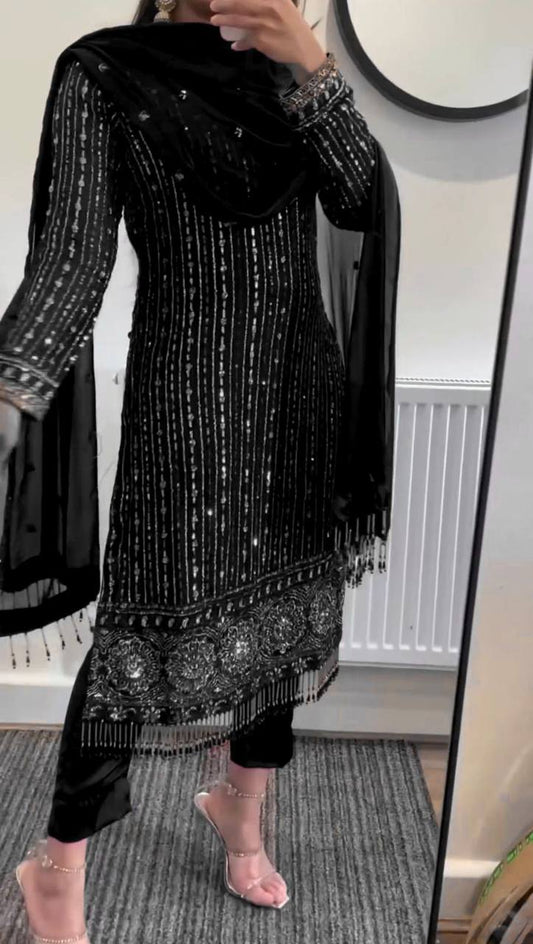 Designer Faux Georgette Top with Real Mirror, Sequins, and Latkan Work Pant and Dupatta Set - Jaipuri Vastra