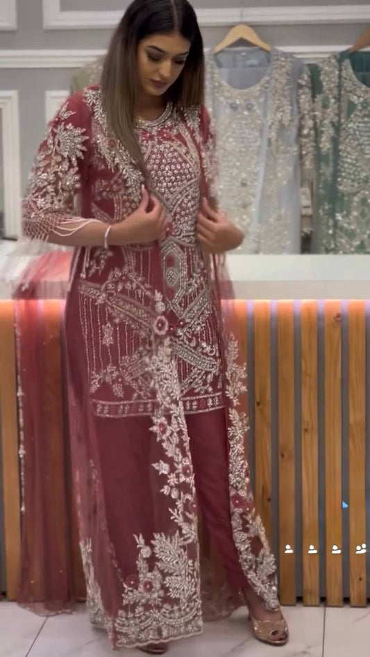 Premium Suit Set Featuring Sequin-Embroidered Net Koti, Fancy Lace Trim and Matching Bottom - Jaipuri Vastra