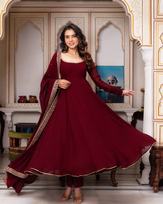 Designer Faux Georgette Gown with Embroidery Work and Matching Dupatta Fully Stitched Set - Jaipuri Vastra