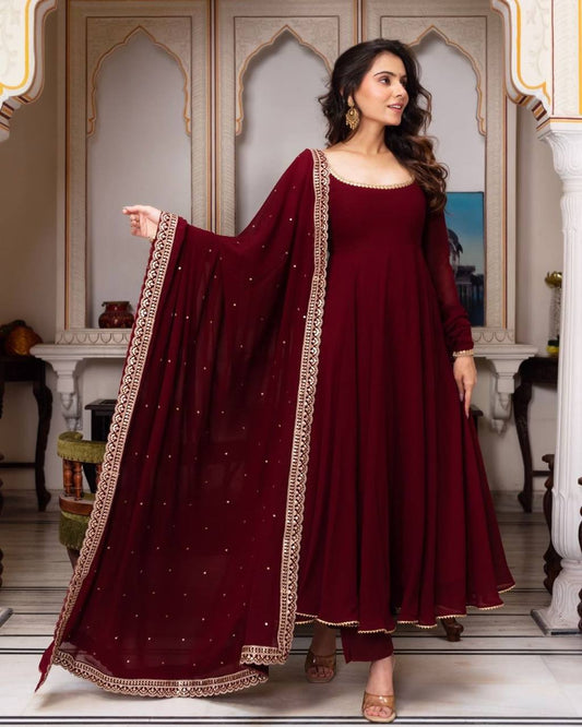 Designer Faux Georgette Gown with Embroidery Work and Matching Dupatta Fully Stitched Set - Jaipuri Vastra