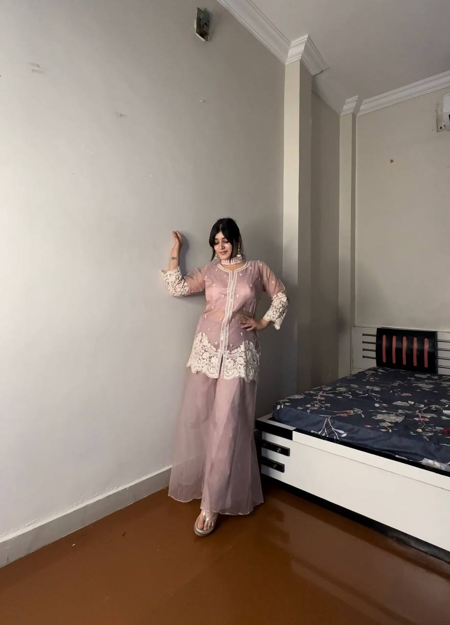 Exclusive Soft Organza Indo-Western Party Wear Set with Embroidered Blouse, Top, Circular Plazzo and Coordinated Dupatta