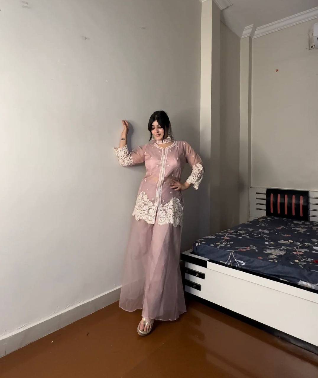 Exclusive Soft Organza Indo-Western Party Wear Set with Embroidered Blouse, Top, Circular Plazzo and Coordinated Dupatta