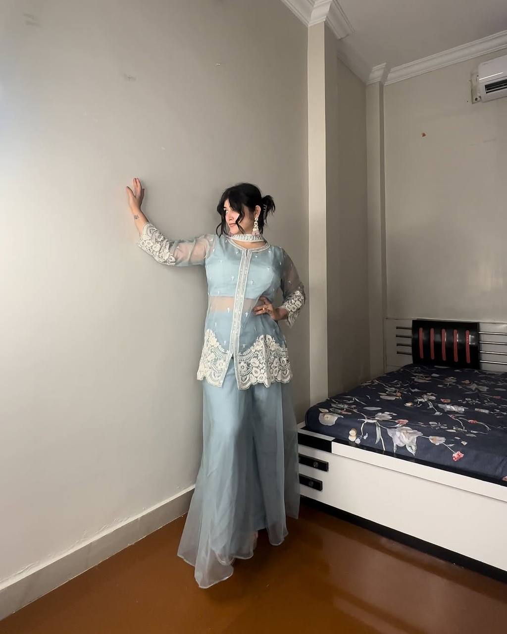 Exclusive Soft Organza Indo-Western Party Wear Set with Embroidered Blouse, Top, Circular Plazzo and Coordinated Dupatta