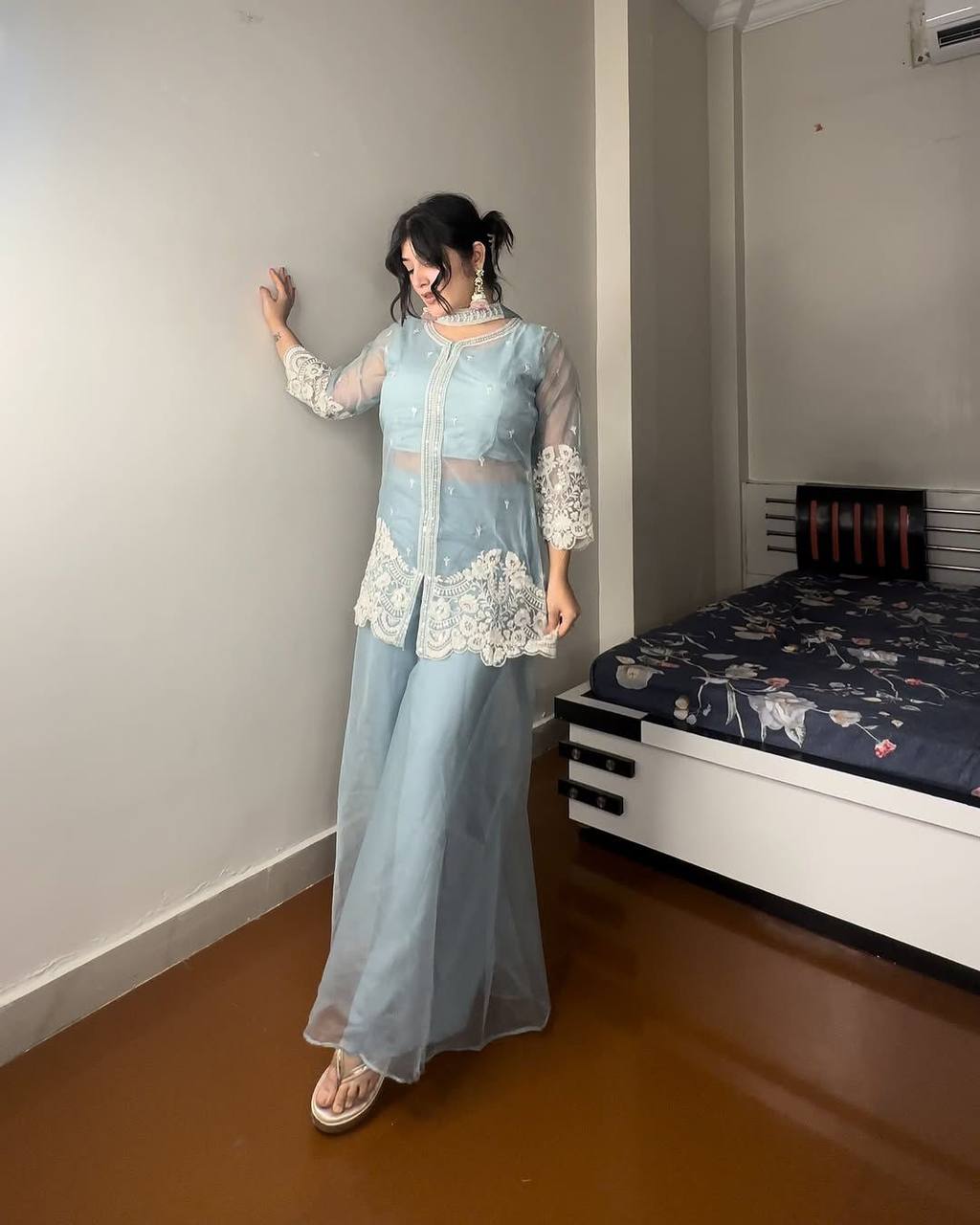 Exclusive Soft Organza Indo-Western Party Wear Set with Embroidered Blouse, Top, Circular Plazzo and Coordinated Dupatta