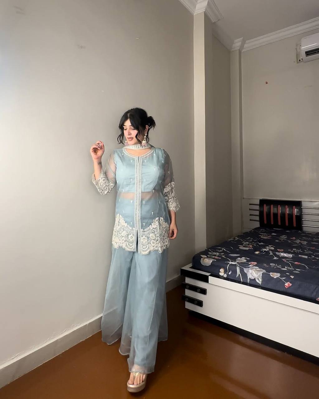 Exclusive Soft Organza Indo-Western Party Wear Set with Embroidered Blouse, Top, Circular Plazzo and Coordinated Dupatta