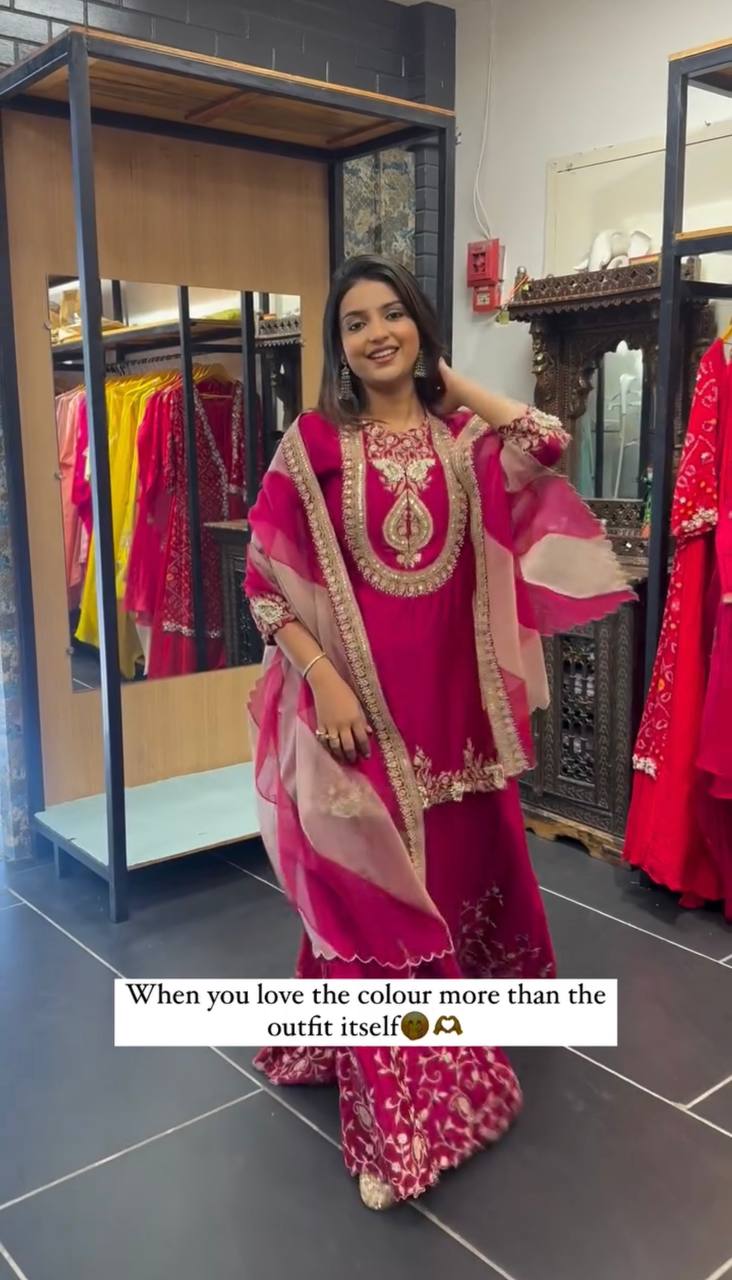 Fully Stitched Ready To Wear Faux Georgette Set with Heavy Embroidery Sequence Work Top Bottom and Dupatta - Jaipuri Vastra