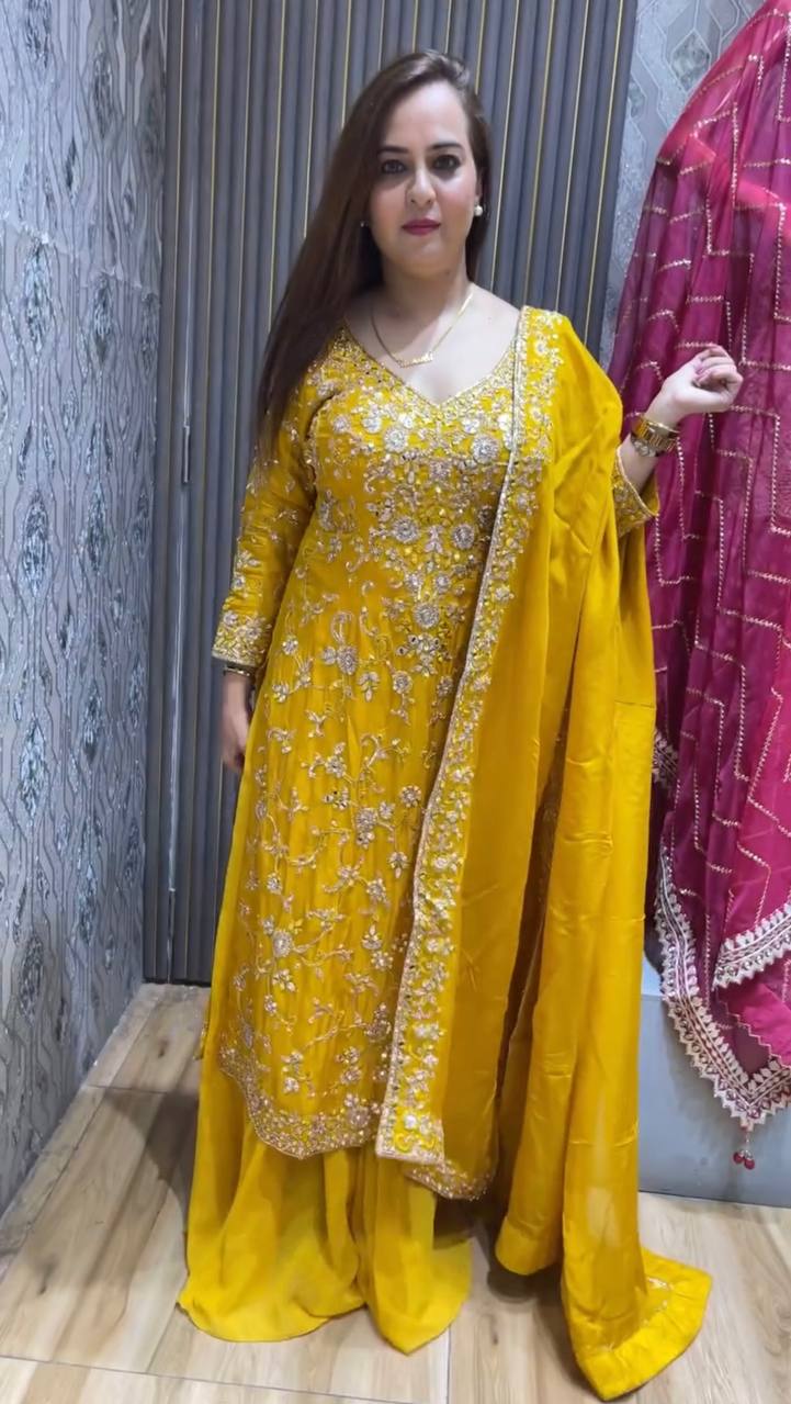 Stylish Yellow Occasion Set in Rich Vichitra Silk with Mirror-Finished Top and Flared Bottom - Jaipuri Vastra