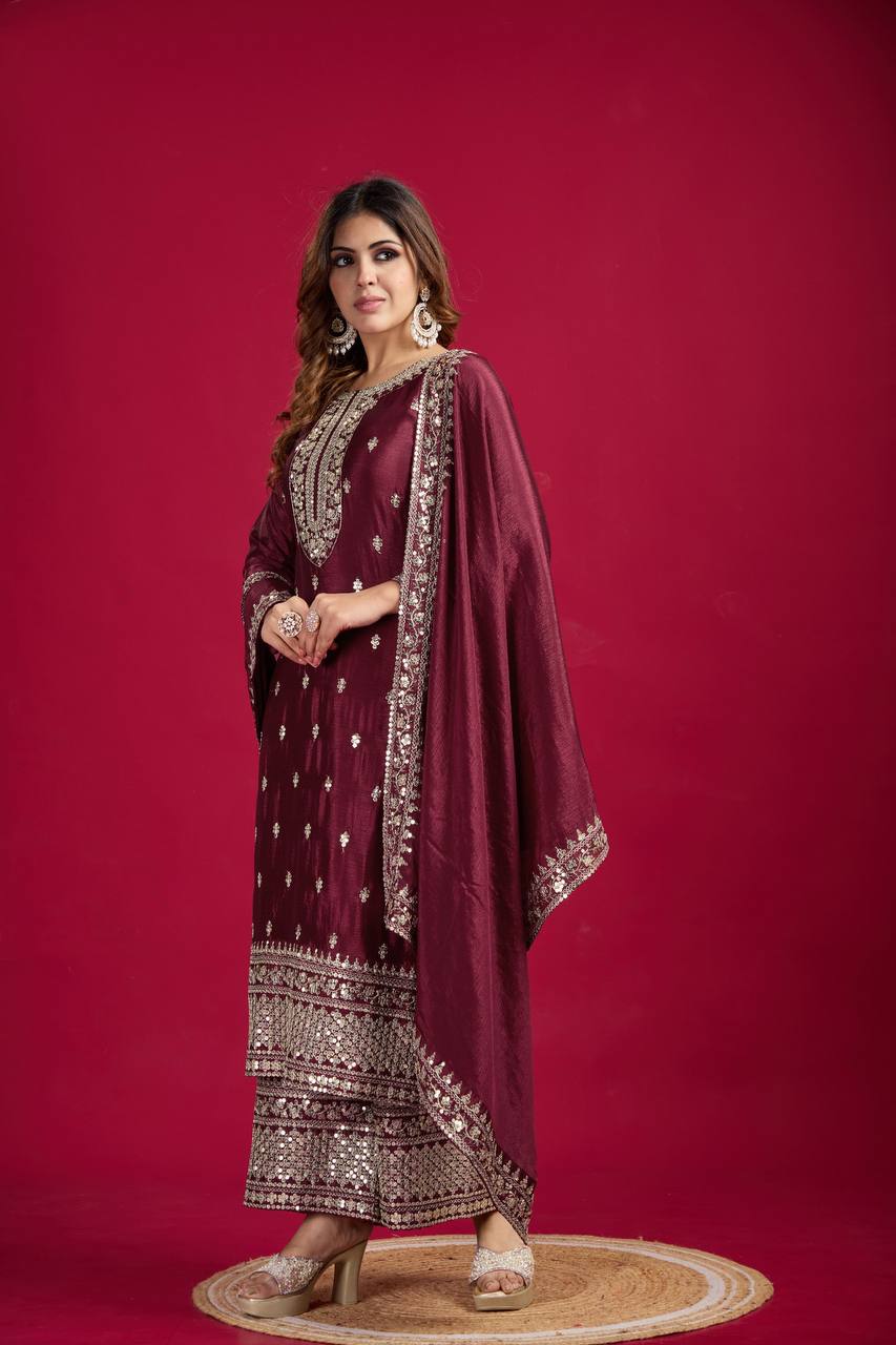 Festival Ready To Wear Chinnon Silk Top Bottom Dupatta Heavy Embroidery Sequence Work Set - Jaipuri Vastra