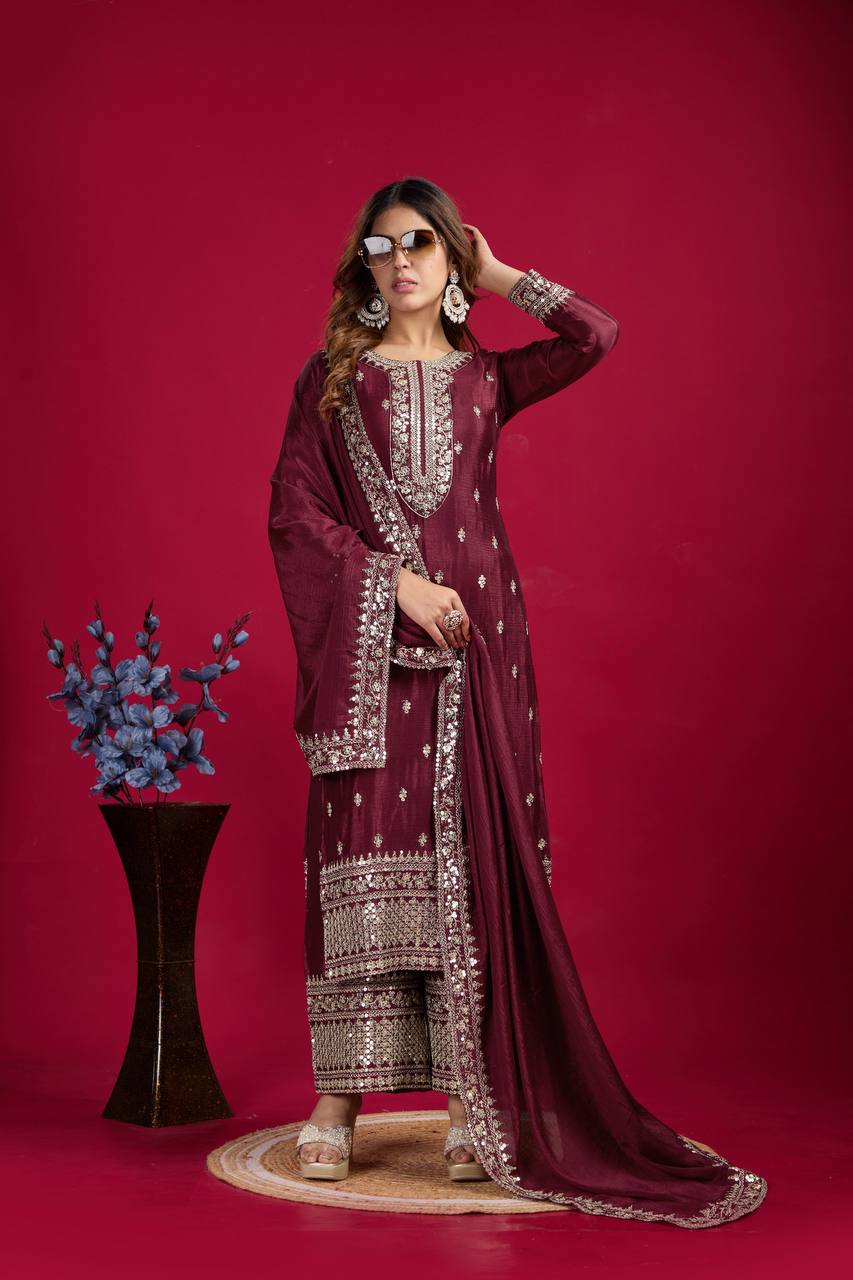 Festival Ready To Wear Chinnon Silk Top Bottom Dupatta Heavy Embroidery Sequence Work Set - Jaipuri Vastra