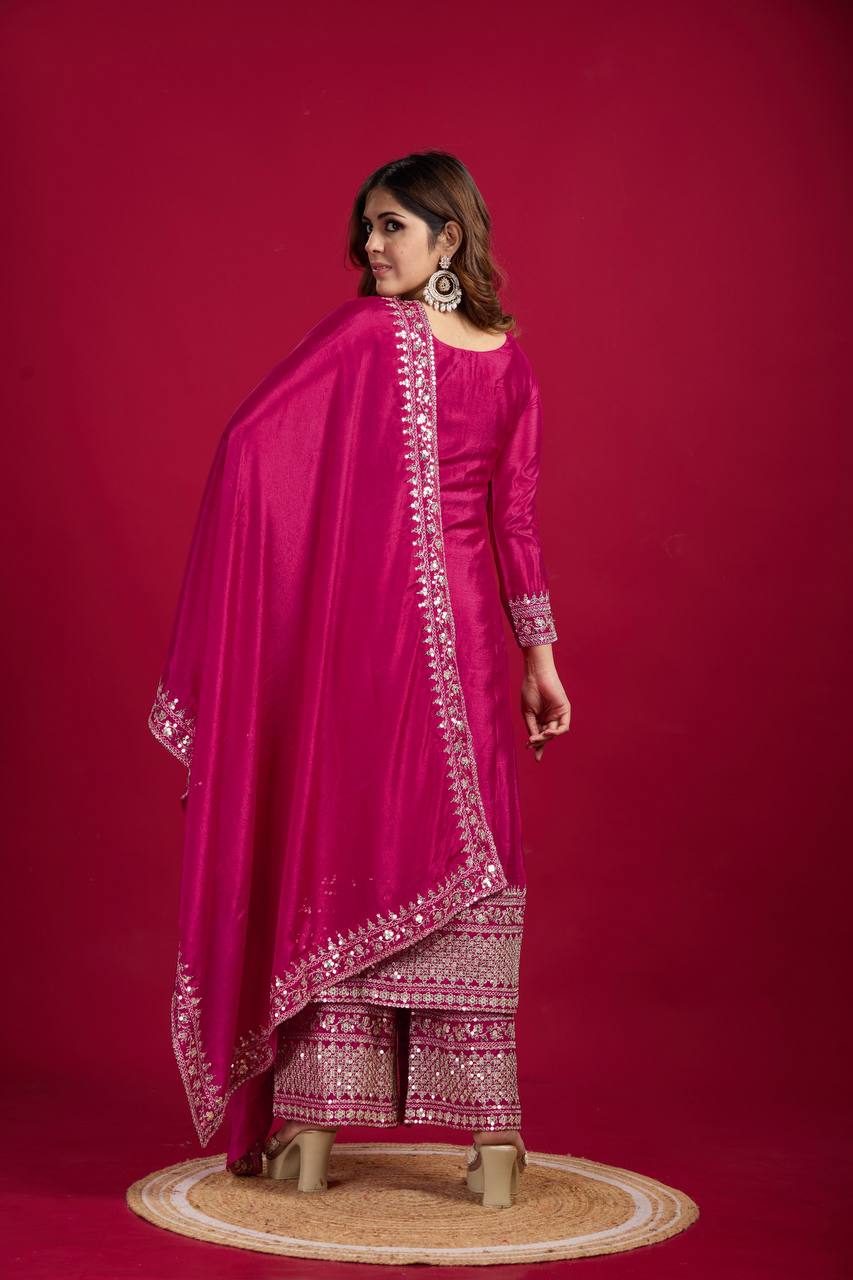 Festival Ready To Wear Chinnon Silk Top Bottom Dupatta Heavy Embroidery Sequence Work Set - Jaipuri Vastra