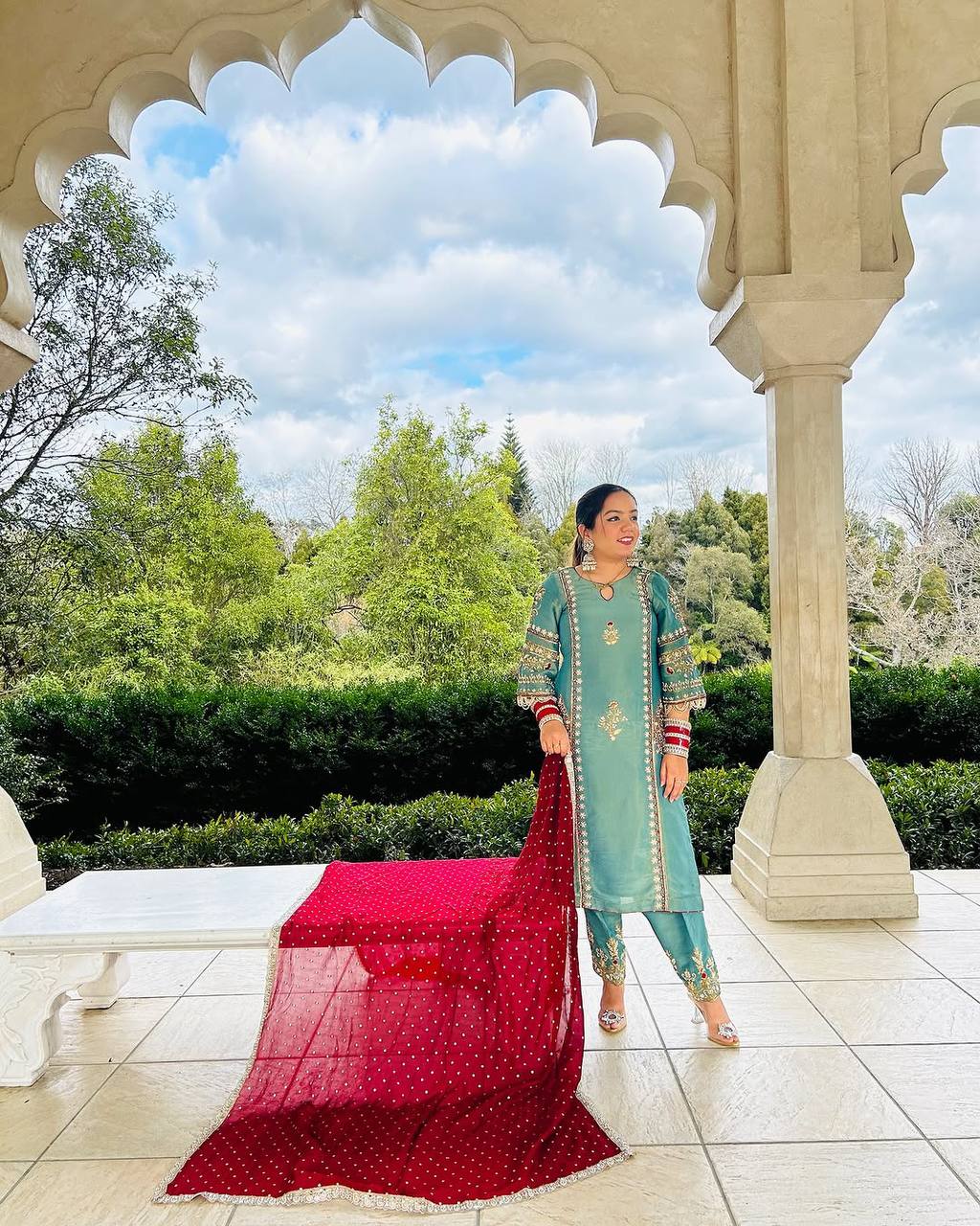 Stylish Organza Suit with Elaborate Stitching, Unique Hand Finish and Flowing Dupatta - Jaipuri Vastra