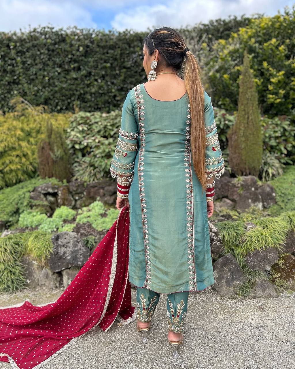 Stylish Organza Suit with Elaborate Stitching, Unique Hand Finish and Flowing Dupatta - Jaipuri Vastra