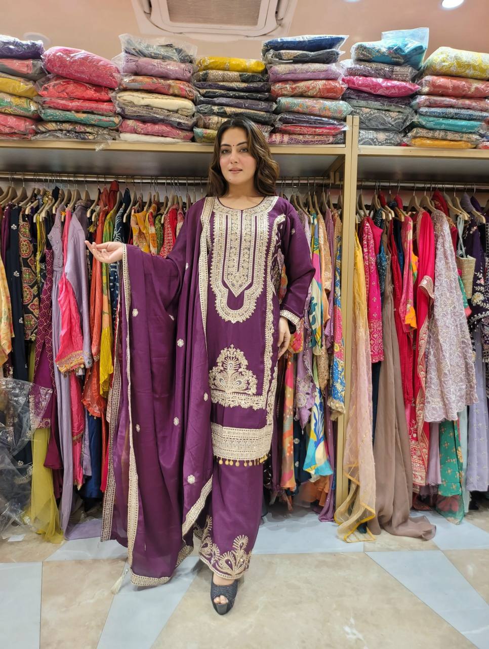 Fully Stitched Pure Chinnon Embroidery Set with Dori and Sequence Detailing - Jaipuri Vastra