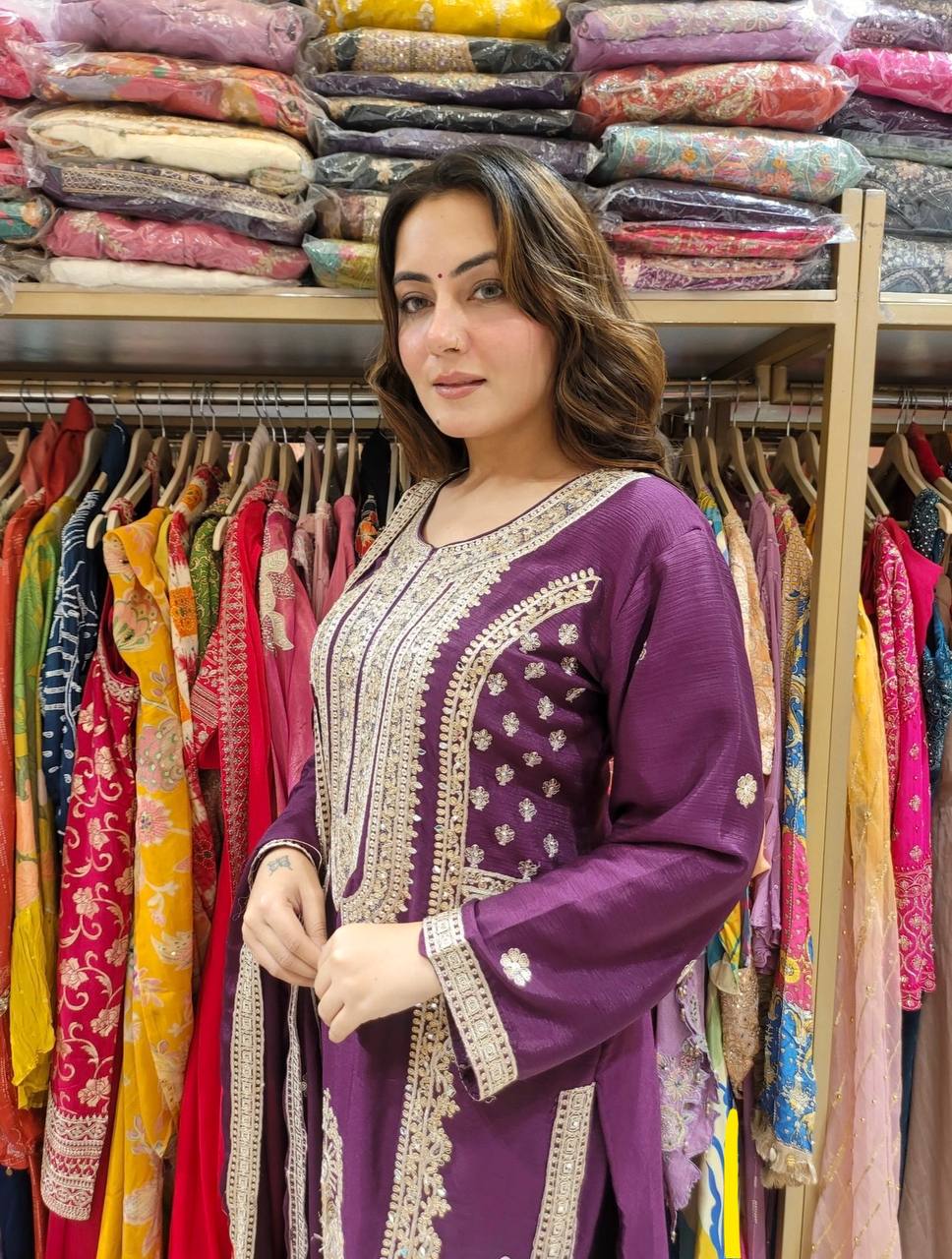 Fully Stitched Pure Chinnon Embroidery Set with Dori and Sequence Detailing - Jaipuri Vastra
