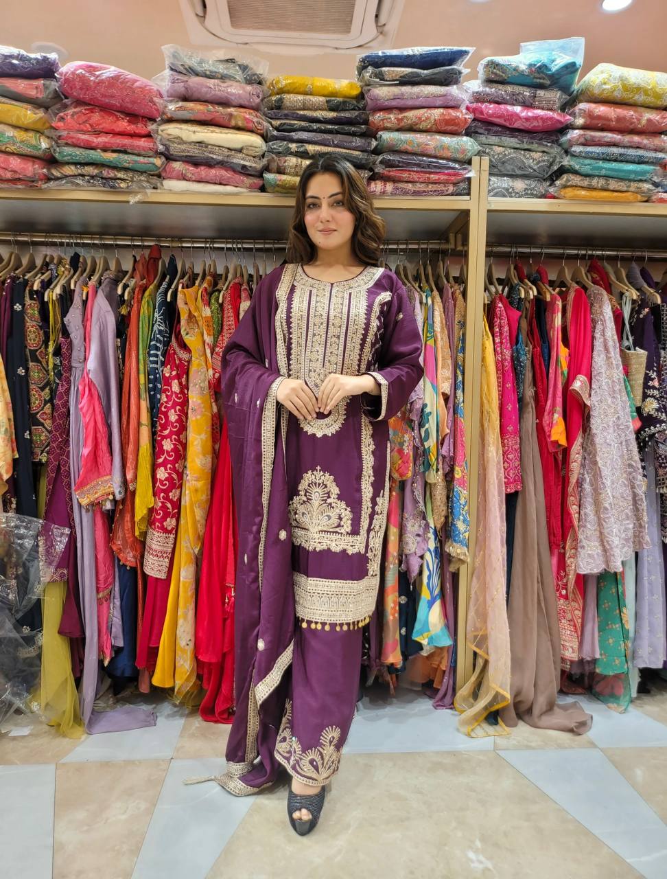 Fully Stitched Pure Chinnon Embroidery Set with Dori and Sequence Detailing - Jaipuri Vastra