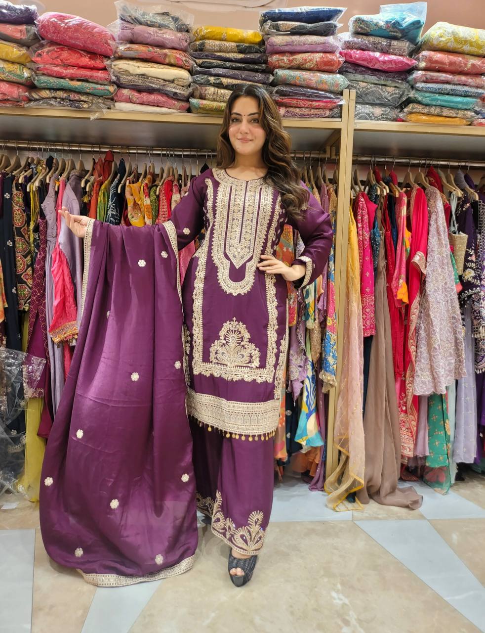 Fully Stitched Pure Chinnon Embroidery Set with Dori and Sequence Detailing - Jaipuri Vastra