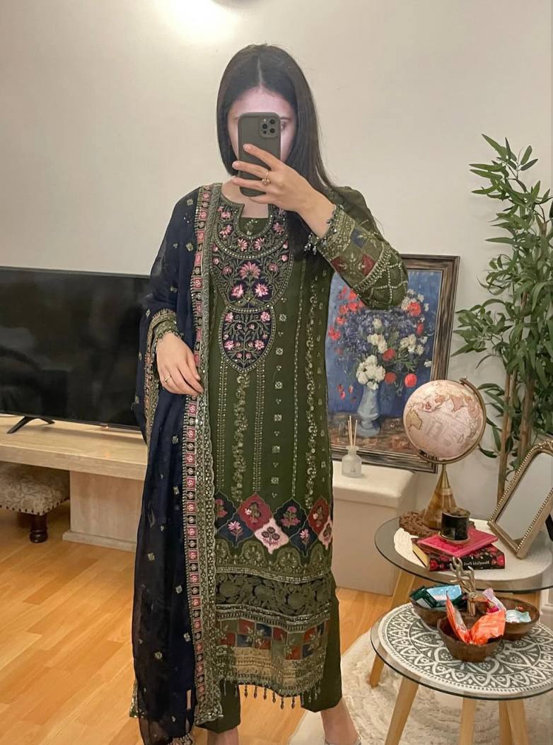 New Designer Kurti-Pant Set in Heavy Faux Georgette with Moti and Sequin Detailing