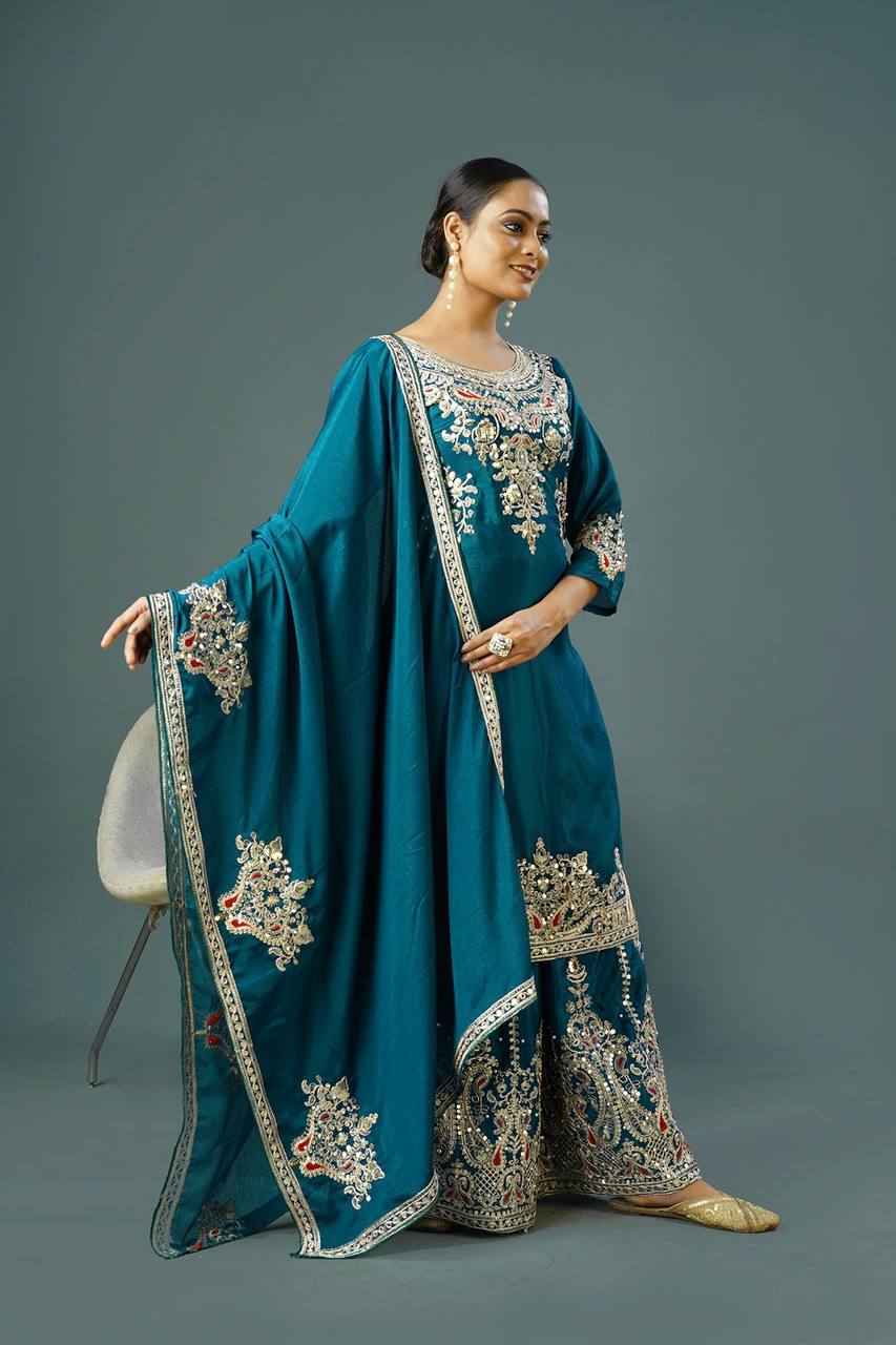 Heavy Embroidered Pure Chinnon Suit Set with Coding Dori and Sequence Work - Jaipuri Vastra