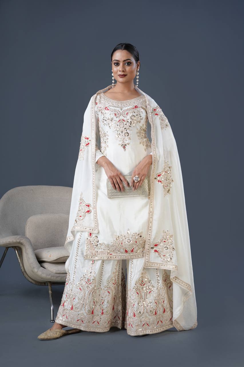 Heavy Embroidered Pure Chinnon Suit Set with Coding Dori and Sequence Work - Jaipuri Vastra
