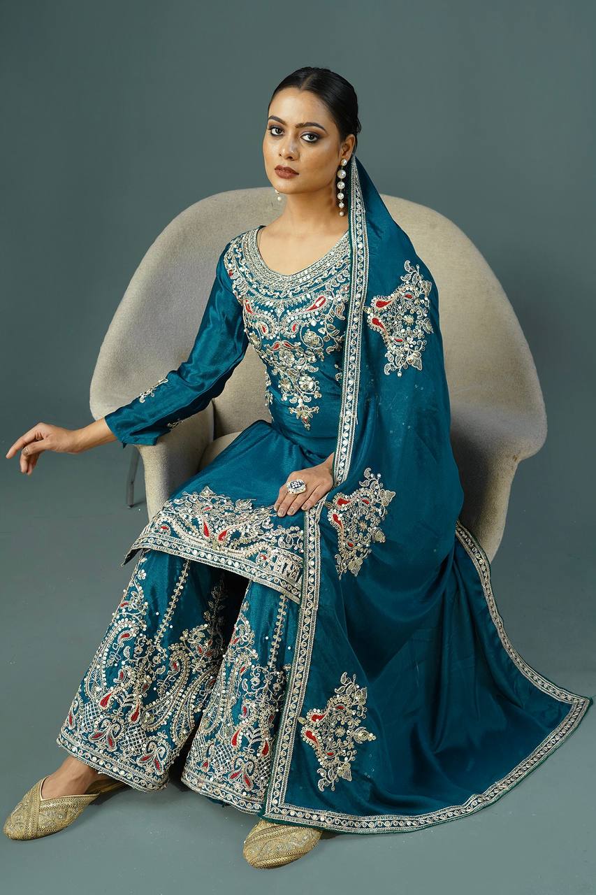 Heavy Embroidered Pure Chinnon Suit Set with Coding Dori and Sequence Work - Jaipuri Vastra