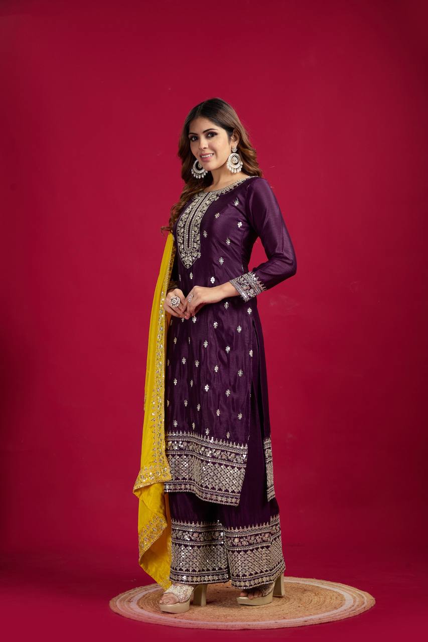 Festival Ready To Wear Chinnon Silk Top Bottom Dupatta Heavy Embroidery Sequence Work Set - Jaipuri Vastra