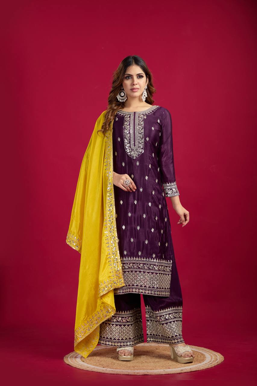 Festival Ready To Wear Chinnon Silk Top Bottom Dupatta Heavy Embroidery Sequence Work Set - Jaipuri Vastra