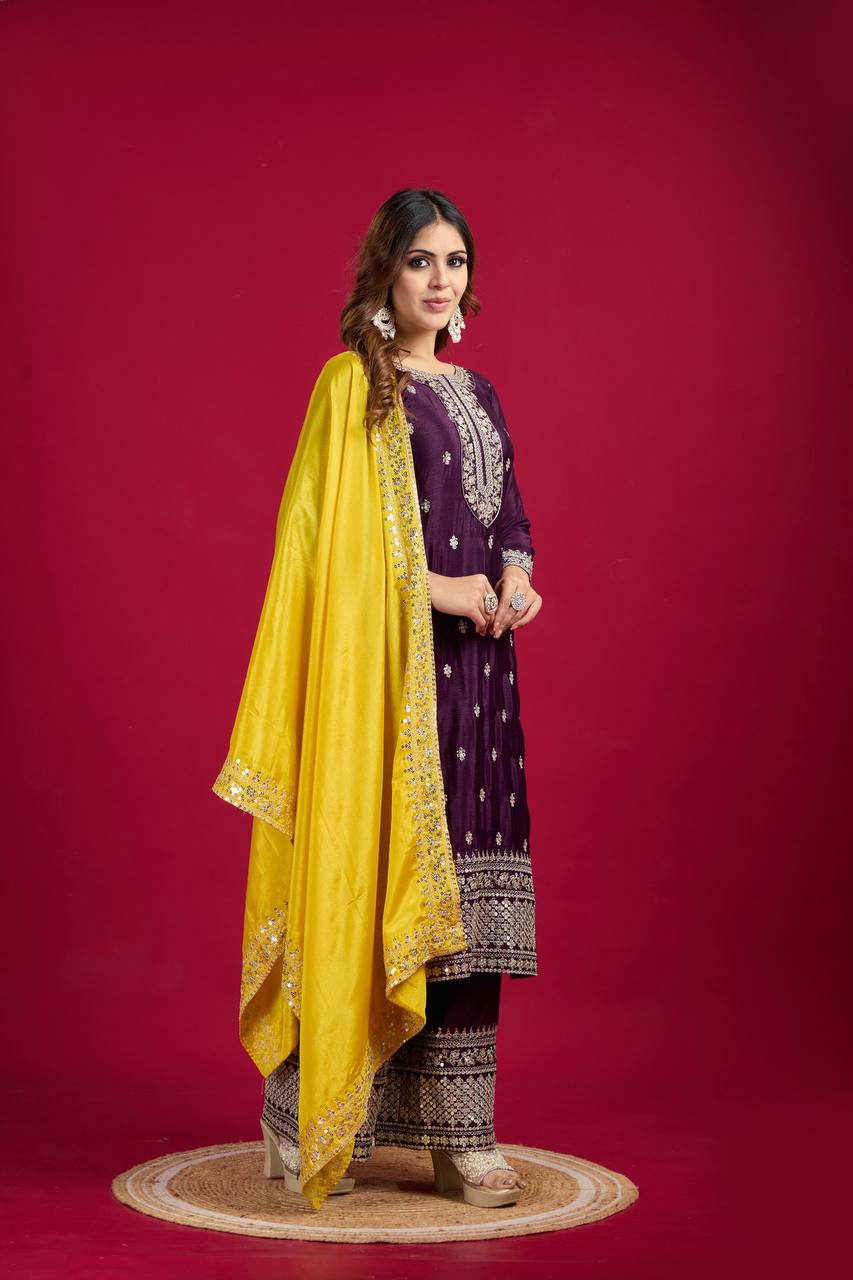 Festival Ready To Wear Chinnon Silk Top Bottom Dupatta Heavy Embroidery Sequence Work Set - Jaipuri Vastra