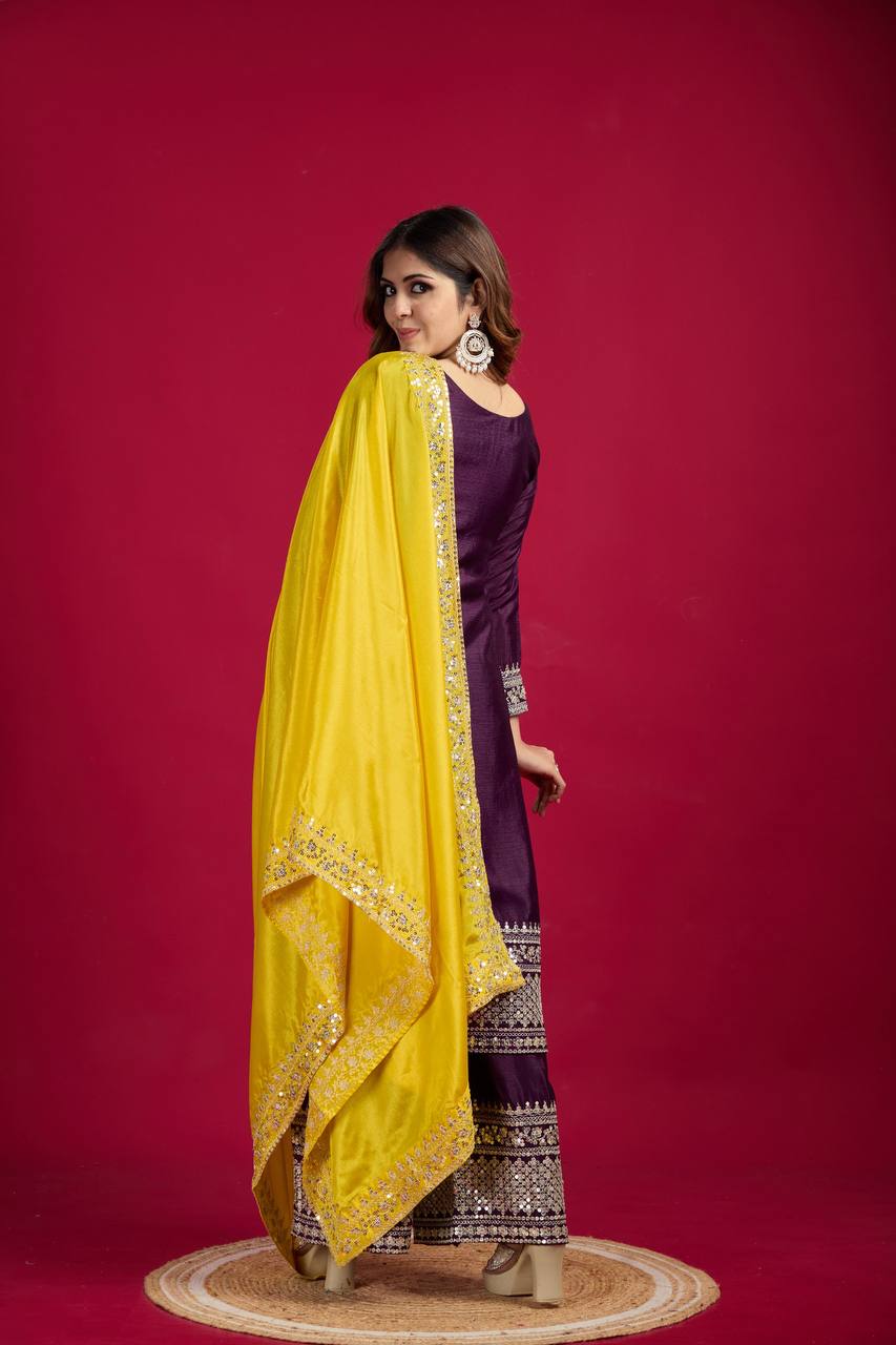 Festival Ready To Wear Chinnon Silk Top Bottom Dupatta Heavy Embroidery Sequence Work Set - Jaipuri Vastra