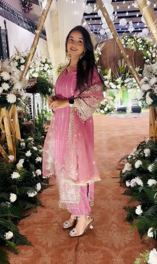 Elegant Pink Faux Georgette Suit Set with Embroidered Sequin Work and Fancy Lace Detailing - Jaipuri Vastra