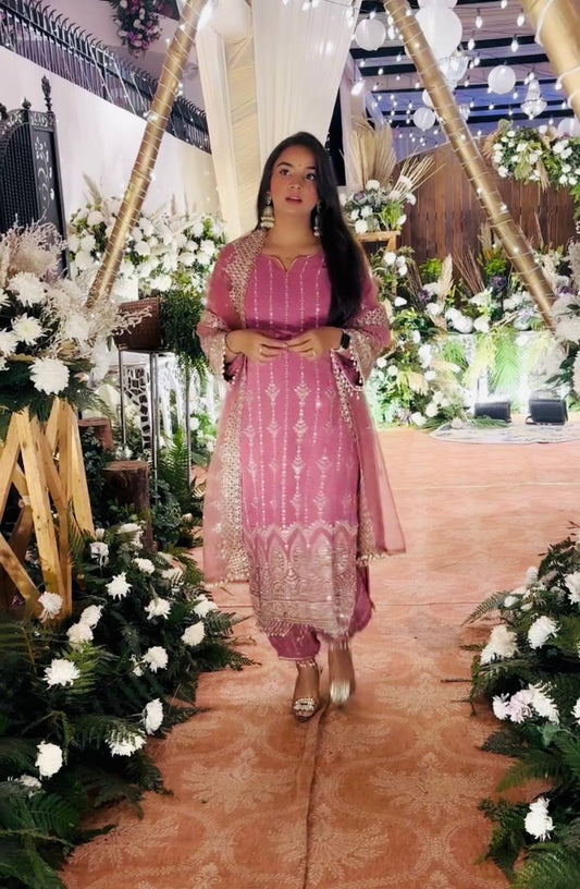 Elegant Pink Faux Georgette Suit Set with Embroidered Sequin Work and Fancy Lace Detailing - Jaipuri Vastra